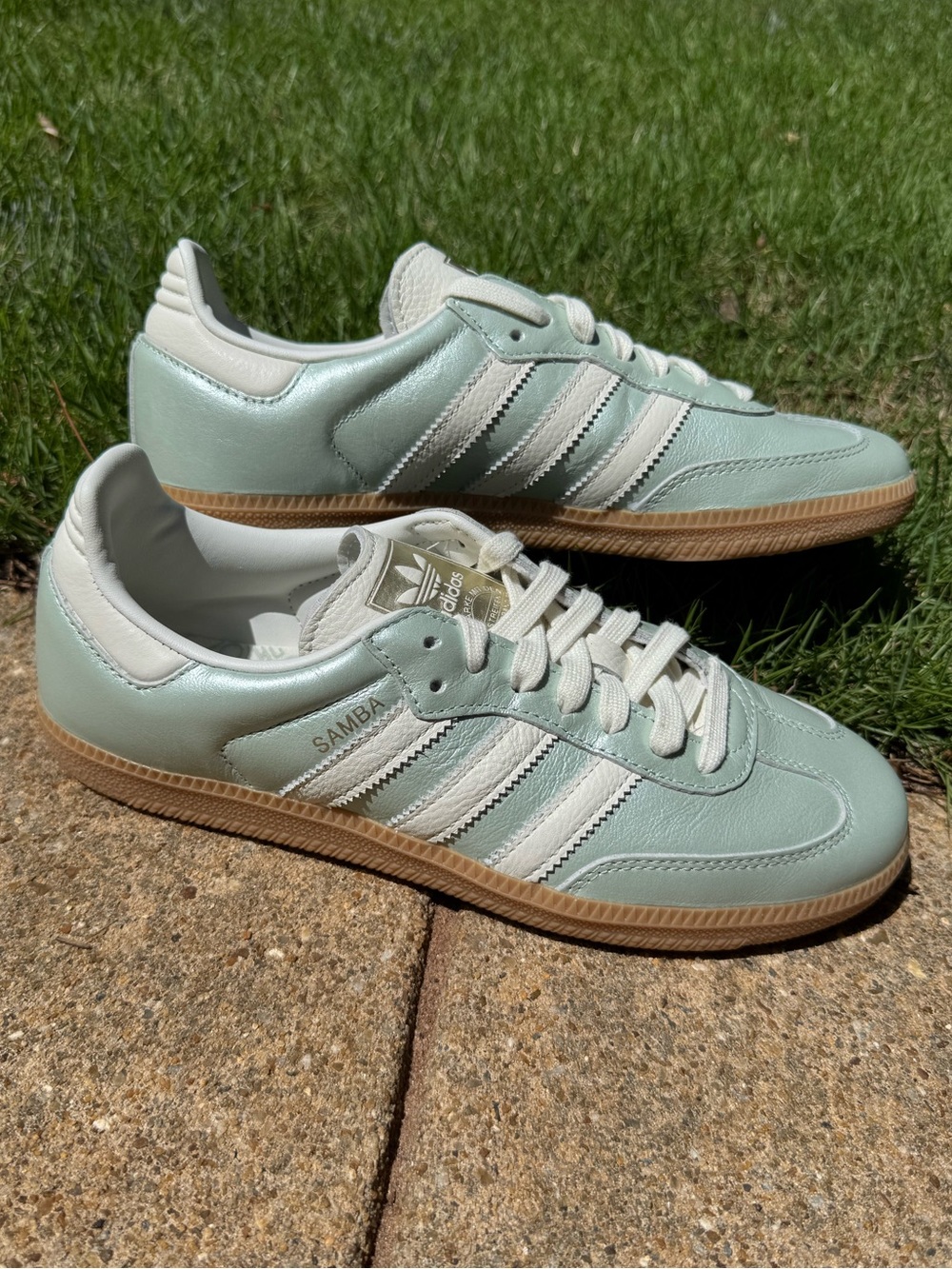 Adidas 8 Samba Sneakers in Metallic Linen Green Mint and White